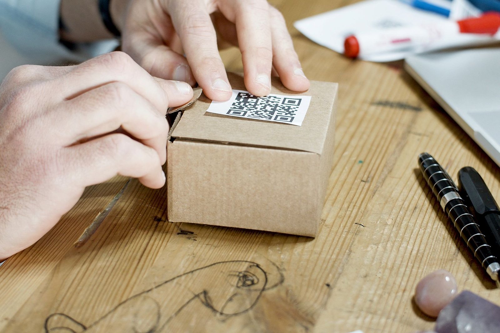 Hands labelling a packed product order